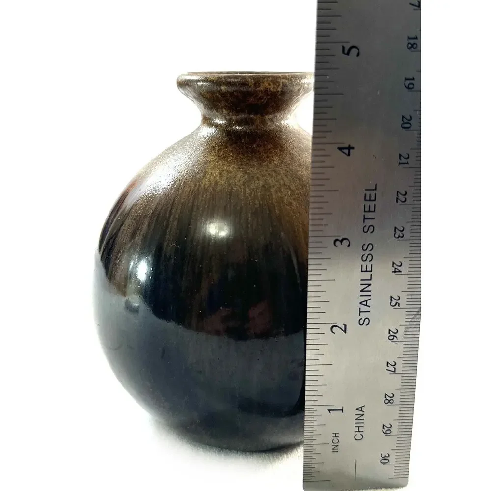 Small Round Studio Gold Crystalline Hombre Shades of Brown Pottery Art Vase